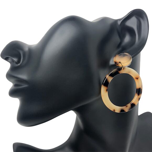 Tan and Brown Tortoise Shell Round Hoop Drop Earrings - Picture 2 of 4